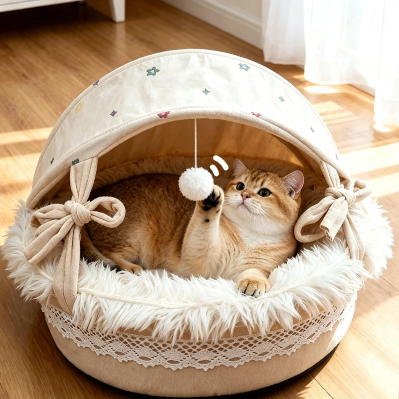 BOOTEELY Pet Cradle Cat Nest Bow Lace Semi-Closed Universal In All Seasons Breathable With Canopy Shading Pet Nest