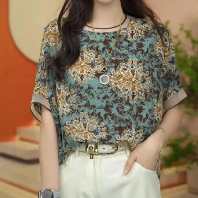 2024 Summer New Women's Pullovers Crew Neck Printed Spliced Gauze Half Sleeve Elegant Comfortable Loose Commuter Chiffon Tops