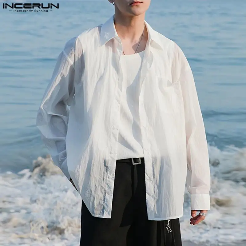 

Korean Style New Men's Solid All-match Simple Transparent Shirts Fashion Casual Male Long Sleeves Blouse S-5XL INCERUN Tops 2023