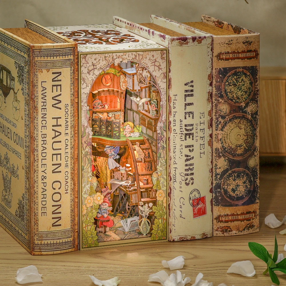 CUTEBEE Book Nook Kit Miniature DIY Dollhouse Touch Light With Furniture Model DIY Gifts( Elven Paradise） 5