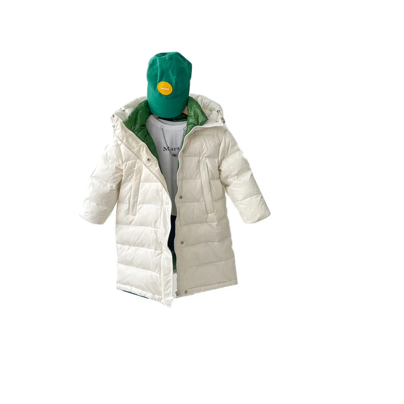 

2023 Children's Mid length Down Coat Korean Edition New Boys and Girls Winter size Big Kids Thickened Over Knee Hooded