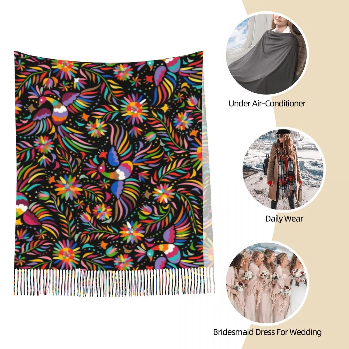 Women's Tassel Scarf Retro Mexican Floral Large Winter Fall Shawl and Wrap Ethnic Flowers Daily Wear Cashmere Scarf 4