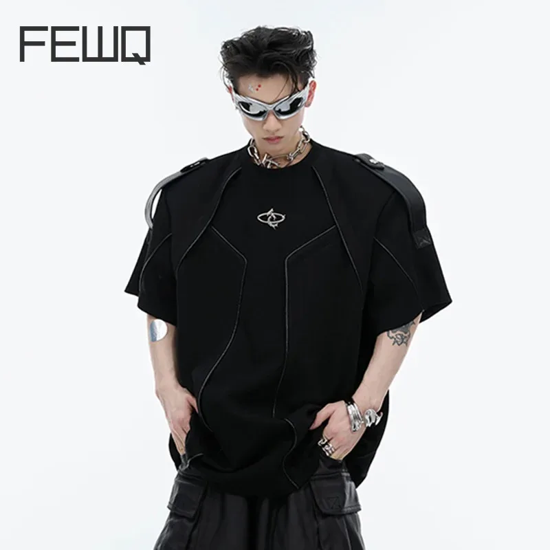 

FEWQ Personalized New Male Short Sleeve Top Deconstructed Design Splicing Shoulder Straps Loose High Street Men's T-shirt 24Y176