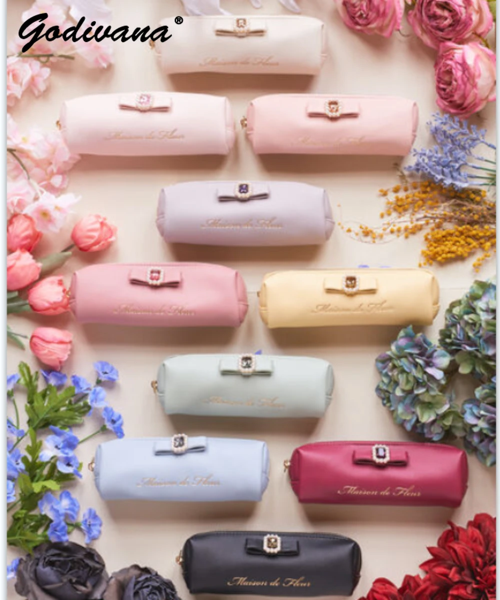 Japanese Style New 10Th Anniversary Round Pearl Gem Leather Pen Box Cosmetic Bag Student Girls Rhinestone Clutch Small Bags