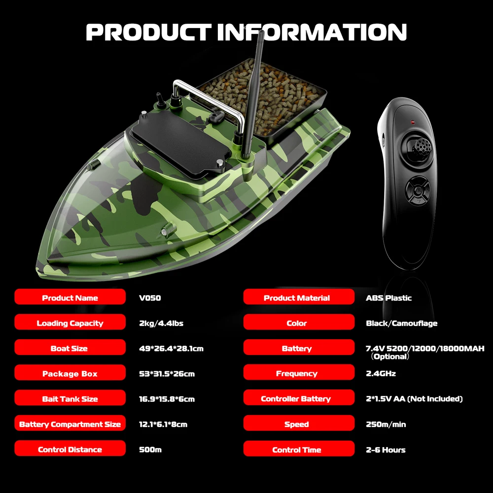 Barca Da Pesca Telecomandata 500 M, In ABS Con LED, Batteria 5200 MAh, Doppia Esca 2 Kg, Per Laghi E Fiumi