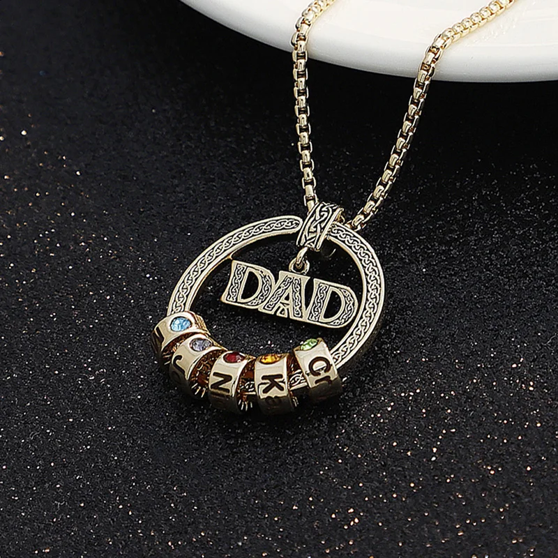 Personalized Custom Name Birthstone Copper Beaded Round Pattern Necklaces DAD G-Shaped Pendant Family Jewelry Father's Day Gifts