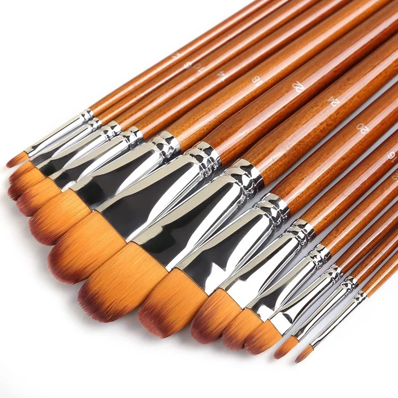 Artist Filbert Paint Brushes Set 13pcs Soft Anti-Shedding Nylon Hair Wood Long Handle for Acrylic Oil Watercolor Gouache