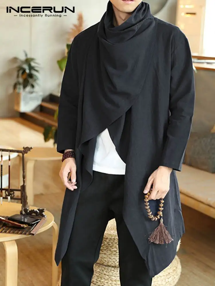 

INCERUN Vintage Men Trench Cotton Ponchos Scarf Collar Long Sleeve Cloak Irregular Coats Solid Streetwear Thin Outerwear S-5XL