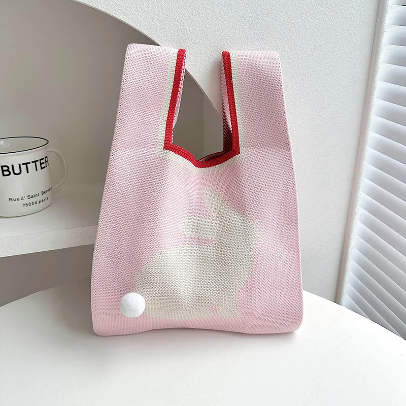 

Handmade Pink Rabbit Knitting Bag Women Carrying Bag Large Capacity Casual Tote Bag Handbag Large Capacity Commuter Shoulder Bag