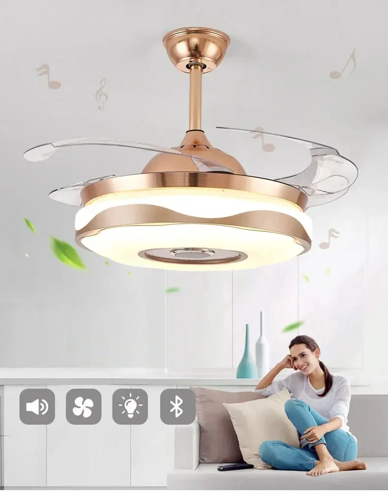

All copper Modern Restaurant Silent Fan Pendant Lamp Nordic Simple Intelligent Led Remote Control Bluetooth Speaker Lighting Fan