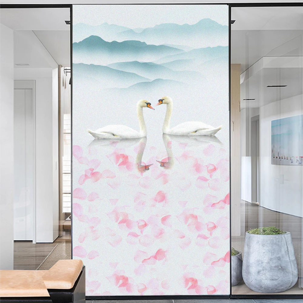 

Glass Window Privacy Film Romantic Swan Pattern Glass Window Stickers Sun Blocking Glue-Free Static Clings Glass Door Film