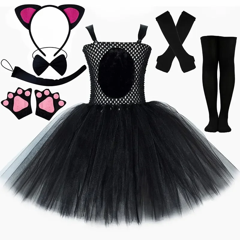 Costume da gatto per bambini, set di 4 pezzi di costumi da gatto per bambini, costume da gattino per gatti con tutù nero e orecchie da gatto per accessori per la decorazione
