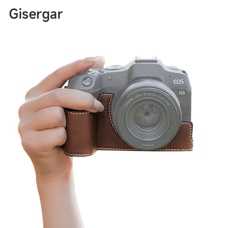 Retro Pu Leather Half Body Case Cover Base Bottom Opening Version Borsa Per Fotocamera Per Canon Eos R8