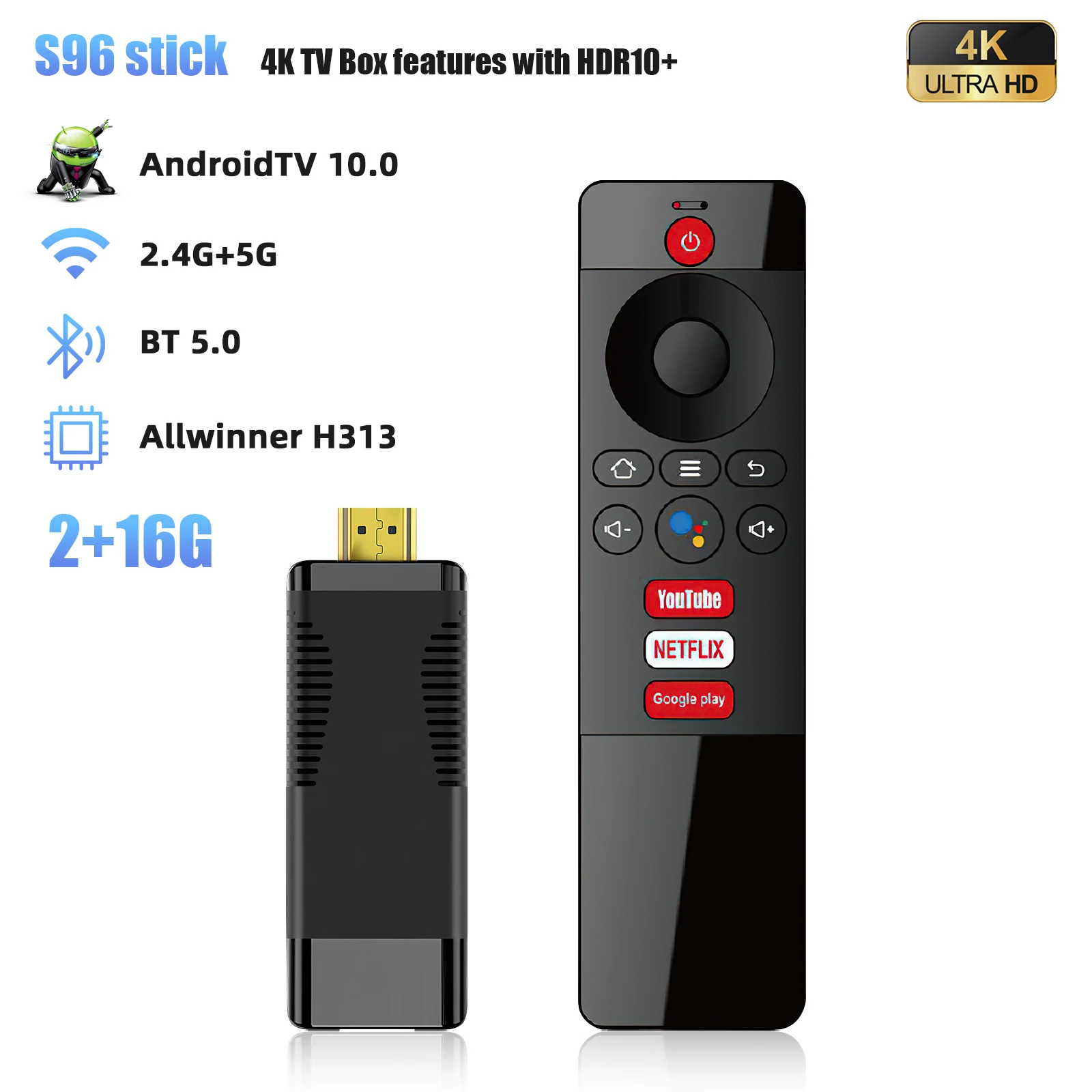 Smart TV s96 stick, 4k hdr, android 10, allwinner h313, banda dupla, 2 ...