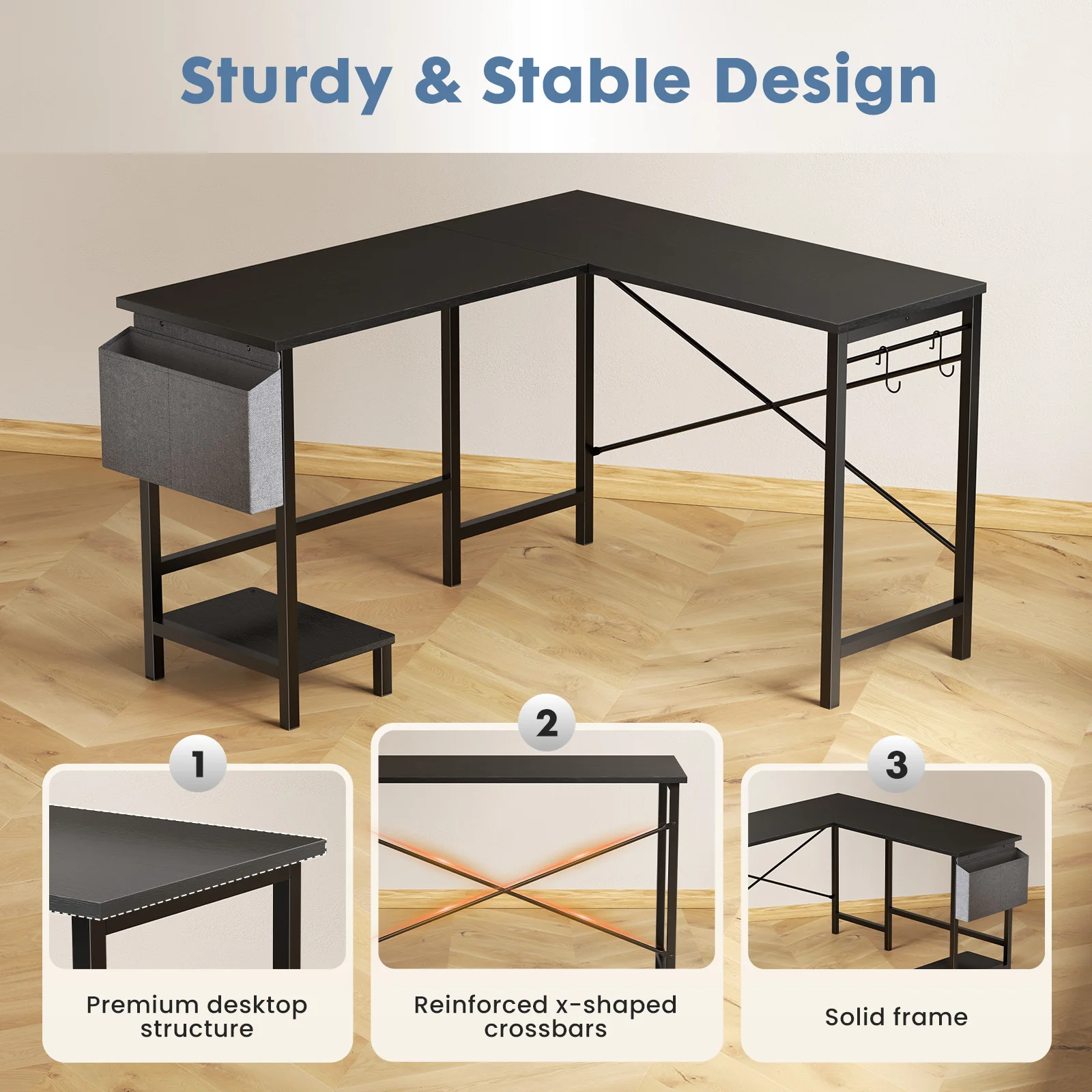 MCQ L Shaped Standing Office Computer Desk with Storage Bag and Side Hook Ergonomic Computer Corner Gaming Desk with PC Stand for Home Office Use Workstation