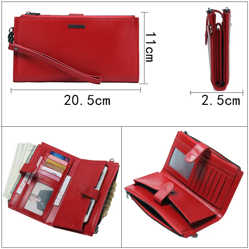 Women's Wallet Casual Long 3 Fold Large Capacity Genuine Cow Leather Phone Pocket Clutch Bag Hasp Coin Purse with Waist Strap