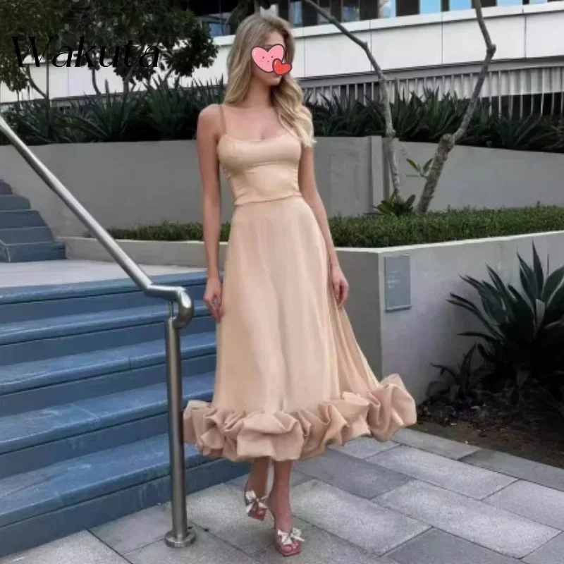 Wakuta Exquisite Square Collar Sleeveless Satin Dresses Ruffled Hem Formal Dinner Cocktail Party A-Line Vestidos De Graduaci&oacute;n