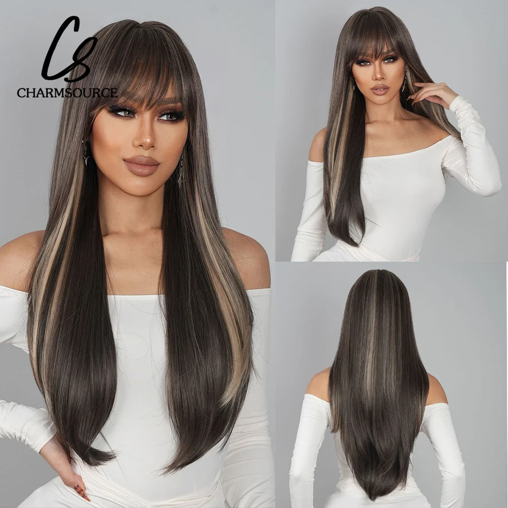 

CharmSource Long Vavy Wig Mixed Brown Blonde with Bangs Synthetic Wigs for Women Cosplay Party Natural Daily Wear Heat Resistant