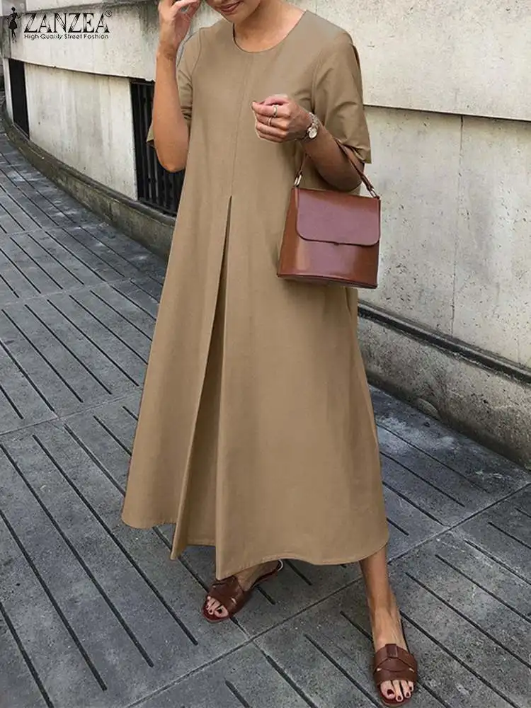 

ZANZEA Fashion Inverted Pleats Dresses Holiday O-neck Robe 2023 Summer A-line Vestido Oversize Short Sleeve Women Maxi Dress