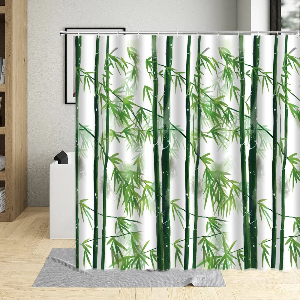 

Abstract Spring Green Leaves Bamboo Pattern Shower Curtain Bamboo Pole Printing Pastoral Bathroom Decor Curtains Bath Screens