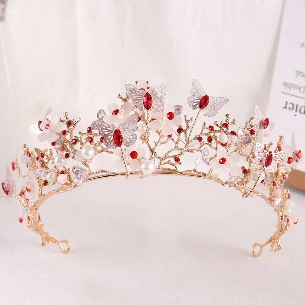 Butterfly Tiara Crown For Women - Red Crystal & Pearl Bridal Headpiece, Baroque Rhinestone Hair Accessory (5.9" X 2.5") - View #10