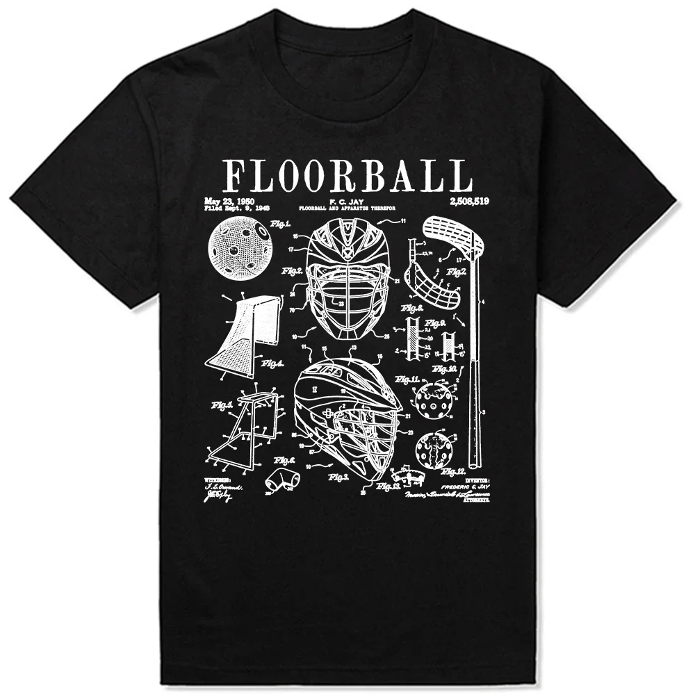 Floorball Spieler Stick Torwart Sport Vintage Patent Print T-Shirts Sommer Grafik Baumwolle Streetwear Kurzarm Geschenke T-Shirt