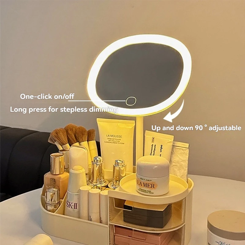 LED 화장대 거울(수납함 포함), 조명이 있는 데스크탑 화장 거울, 화장품 정..