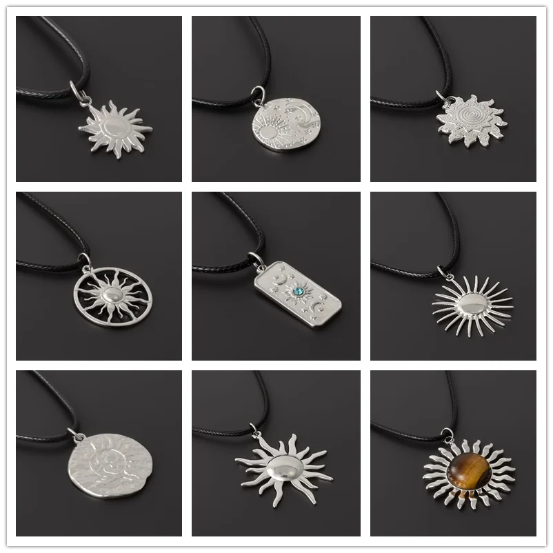 Vintage Silber Farbe Le Soleil Anhänger Halskette Leder kette am Hals Edelstahl Sonnen ketten für Frauen Männer Schmuck