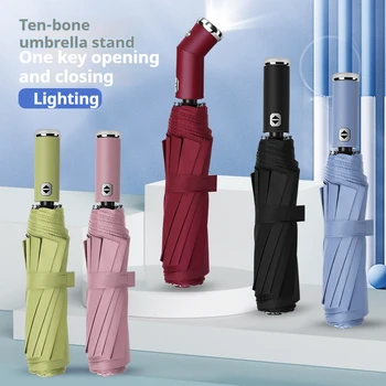10 bone fully automatic three fold umbrella, rotatable LED flashlight, business wind resistant folding umbrella, sunny umbrella 1