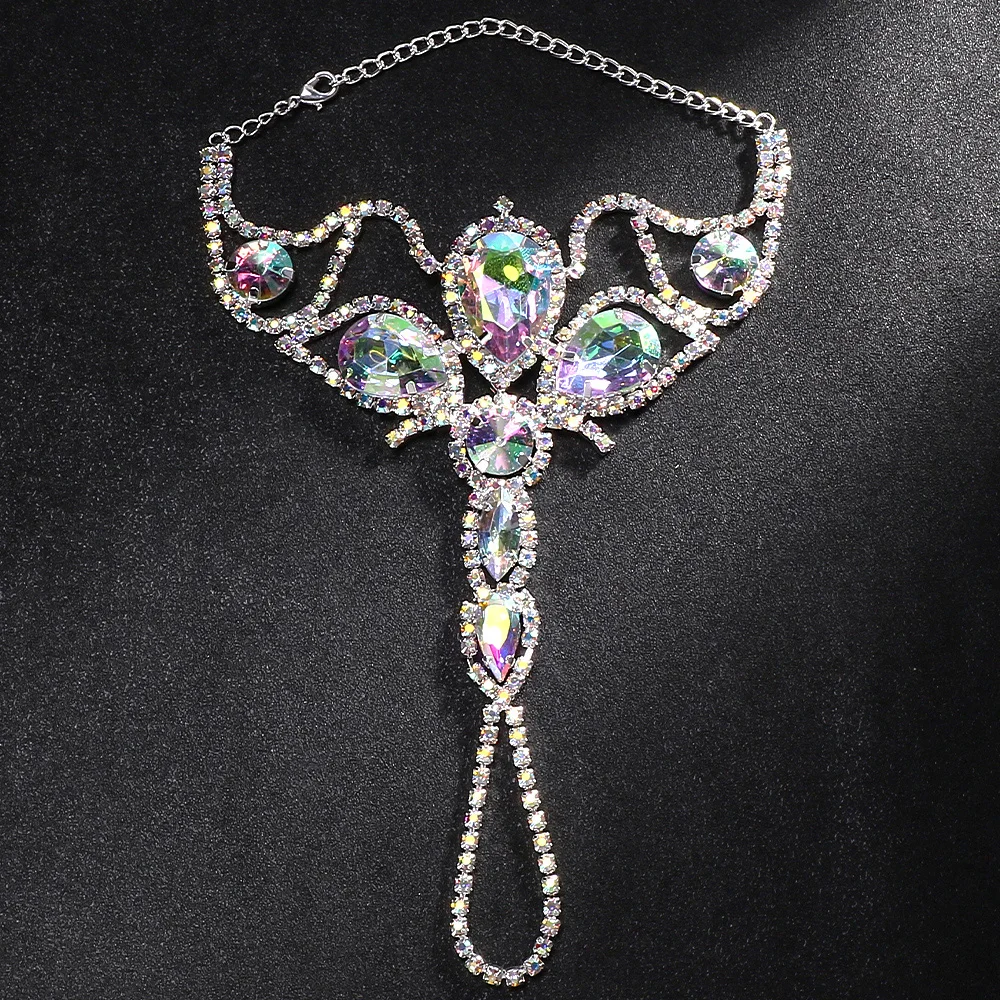 Shiny AB Rhinestone Drop Finger Bracelet Chain for Women Oversize Accessories Exaggerated Belly Dance Crystal Head Jewelry crystal bracelet