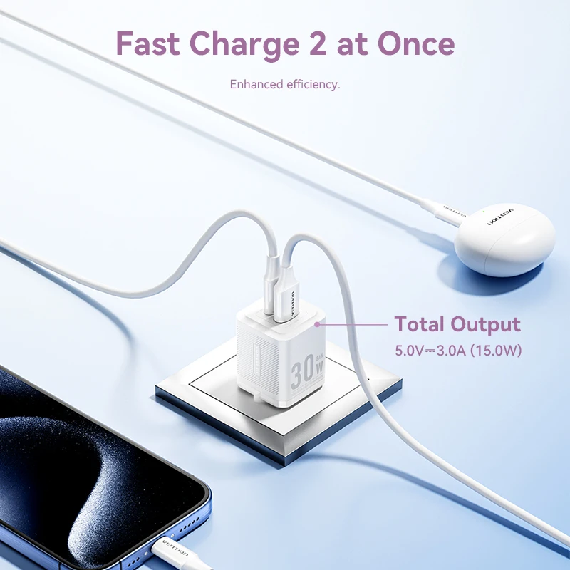 Vention GaN 급속 충전 4.0 3.0 C 타입 PD USB 충전기, 아이폰 15, 14, 13 프로 맥스, 노트북용 고속 충전기, 30W