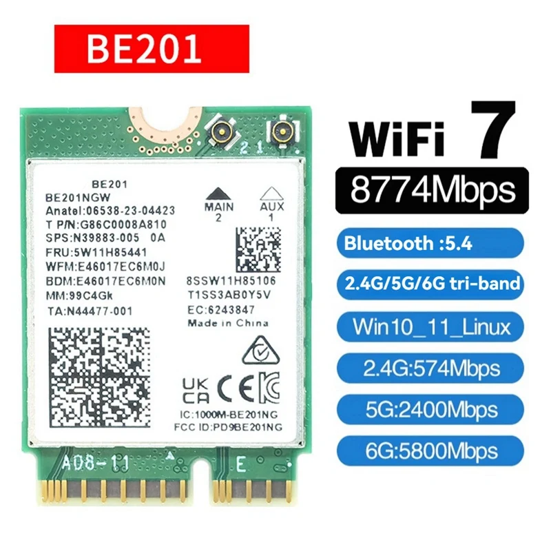 BE201 BE201NGW WIFI7 카드 M.2 Cnvio3 8774Mbps 트라이밴드 BT5.4 무선 WIFI 모듈(8DB 안테나 포함) Win10/11 64-Bit-A31R용