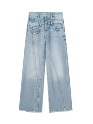 HH TRAF 2023 Woman Fashion High Waist Jeans Vintage Spring Casual Street Slim Patchwork Denim Trousers Women Wide Leg Long Pants