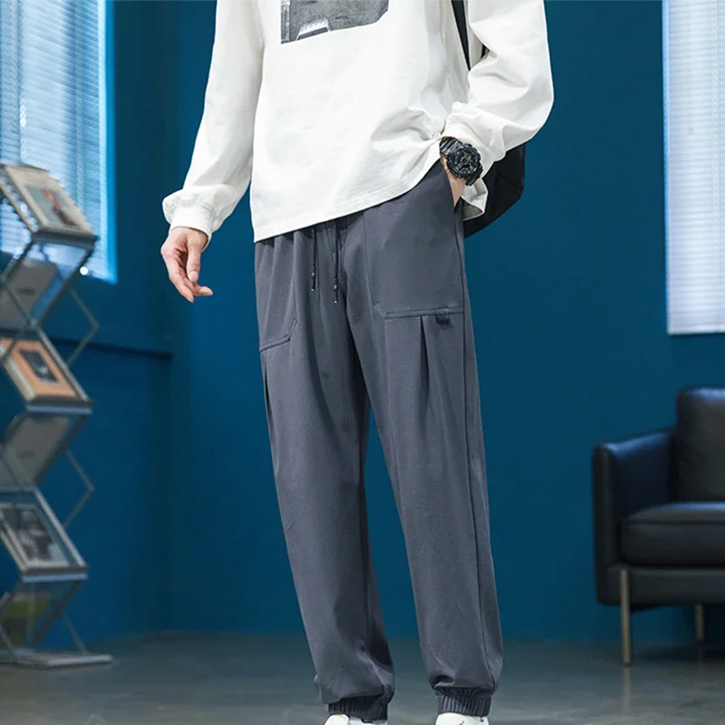 New Casual Men's Trend for Spring and Summer, Loose Fitting Sports Leggings, Black Draped Cropped Pants