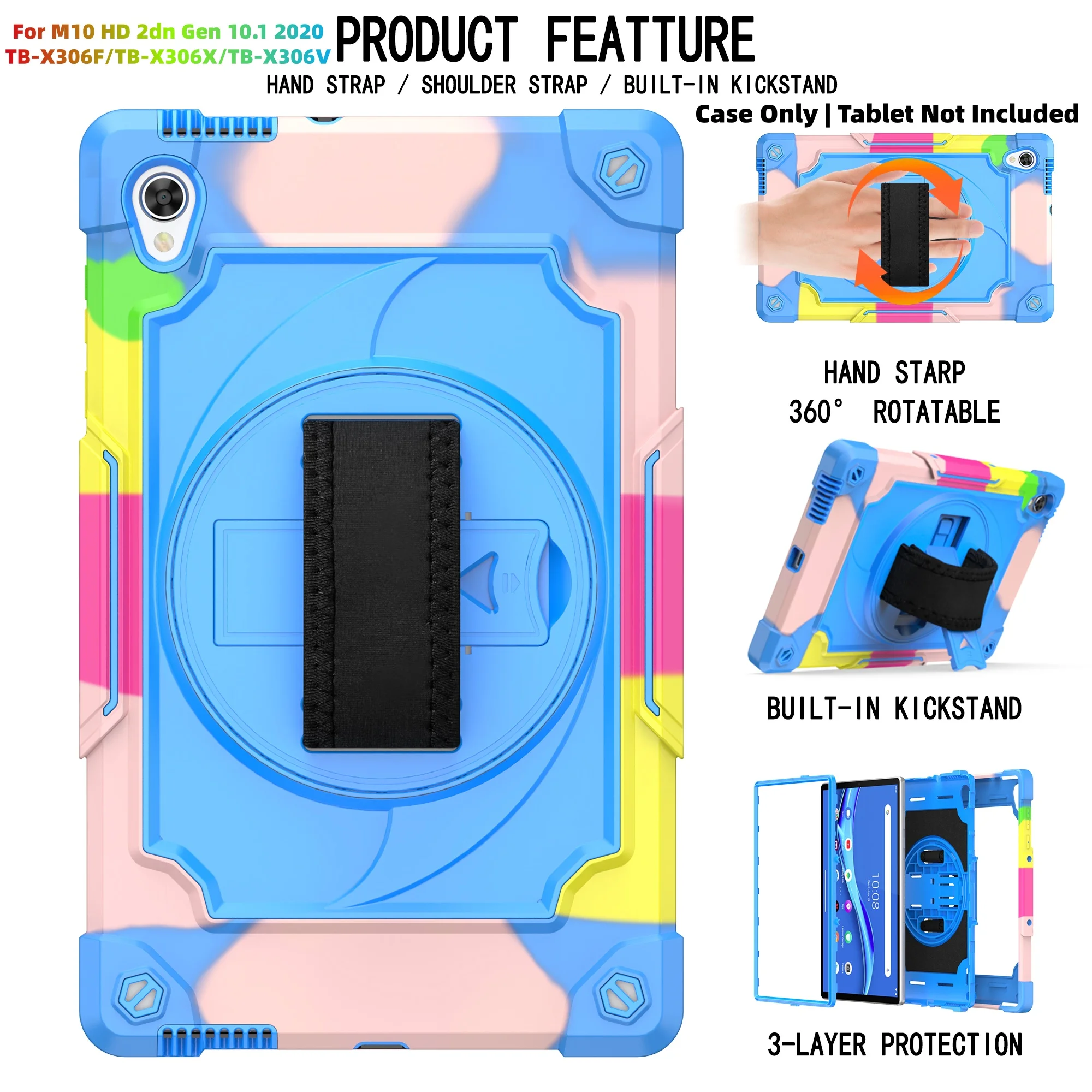 Heavy Duty Shockproof Tablet Case with 360° Rotatable Kickstand, Hand Strap, and Shoulder Strap
