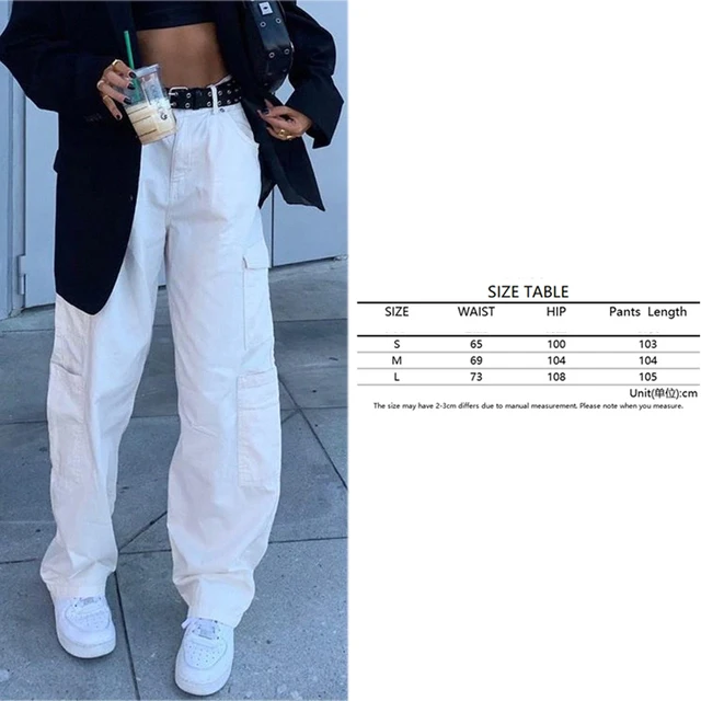Casual Baggy Jeans Women Loose Low Waist Retro Overalls Hip Hop Streetwear Straight Denim Pants Wide Leg Y2K Cargo Pants 0020012-White