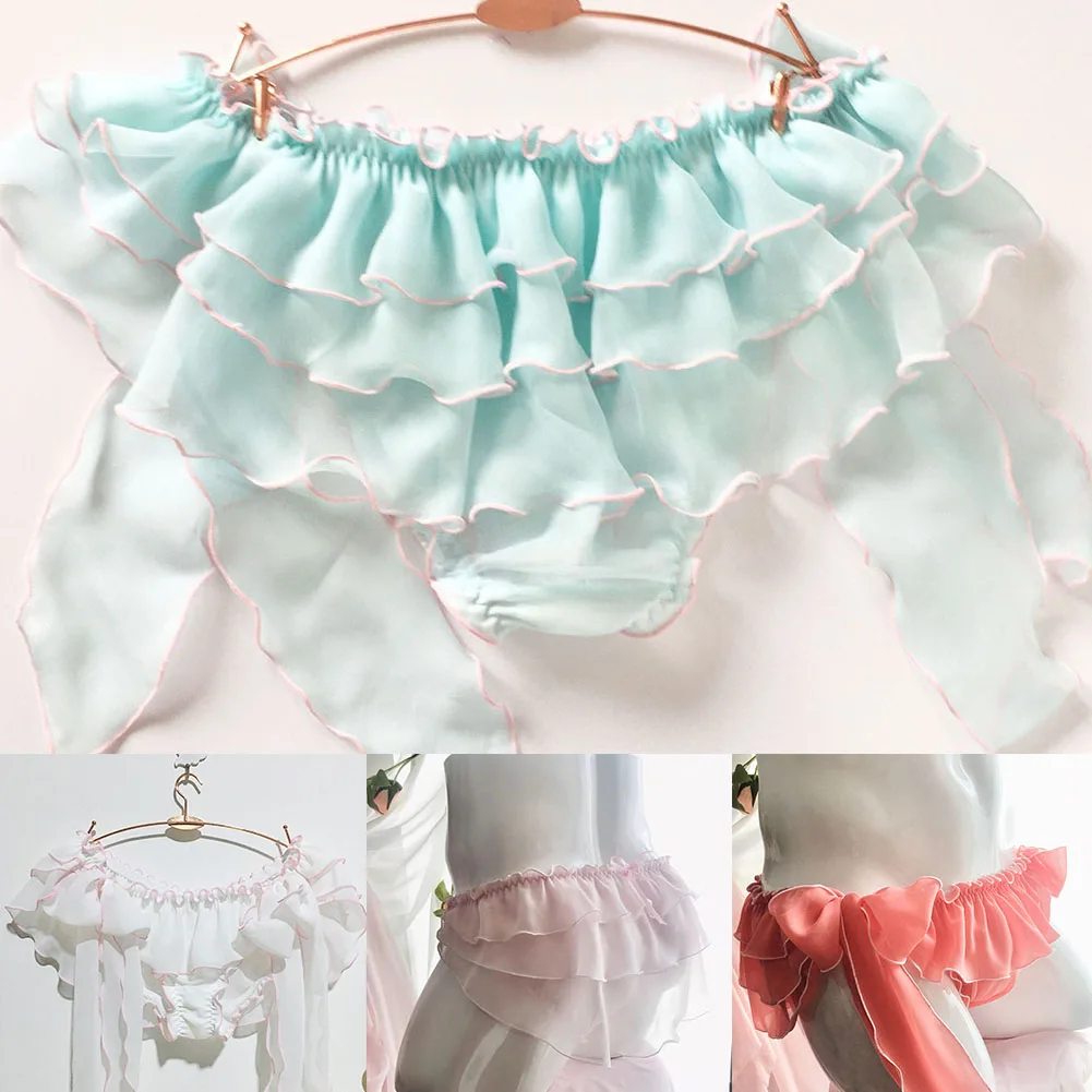 

New Sweet Sissy Men Shiny Satin Briefs Ruffled Bloomer Tiered Skirted Panties Comfortable Underwear Men's Erotic Lingerie