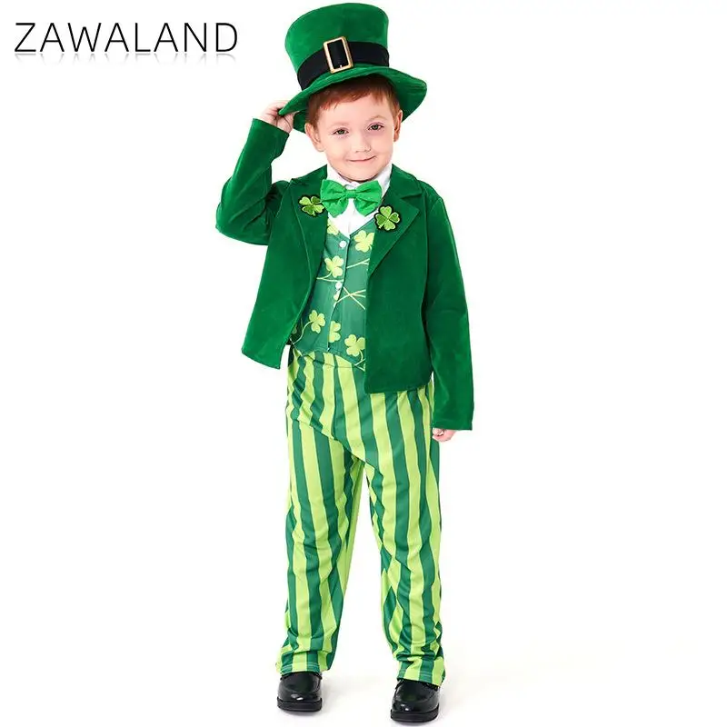 Kids Ireland Holiday Suits Cosplay Leprechauns Costume Boys St. Patrick's Day Green Clover Party Dress Up Outfits Set