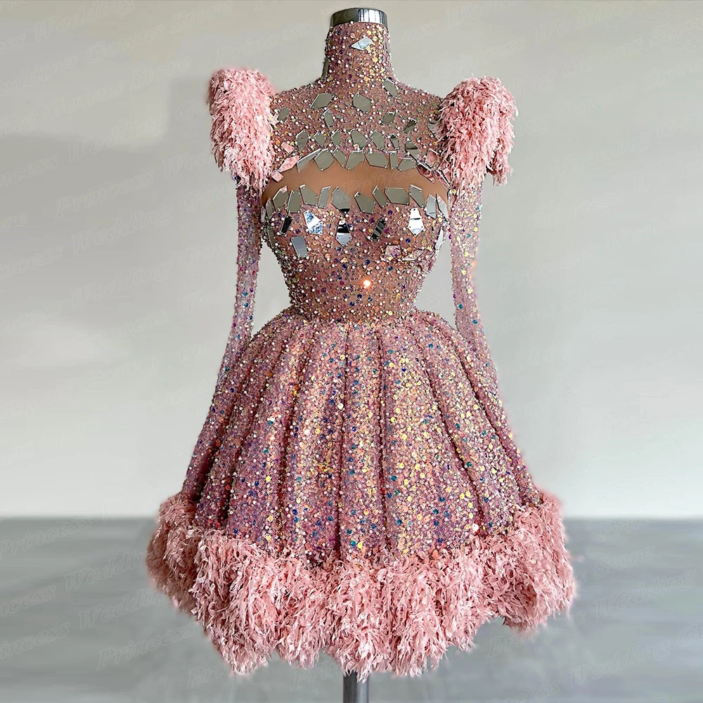 

Noval Sequin Bead Short Prom Dresses With Long Sleeve High Neck Unique Cocktail Gown Cut-out Rhinestone A Line Glitter Gala