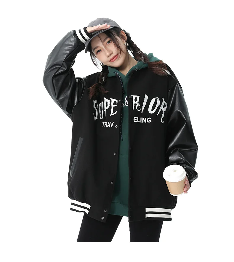 2023 Spring Autumn Jacket Women New Fashion Letter Embroidery Jacket PU Leather Patchwork Coat