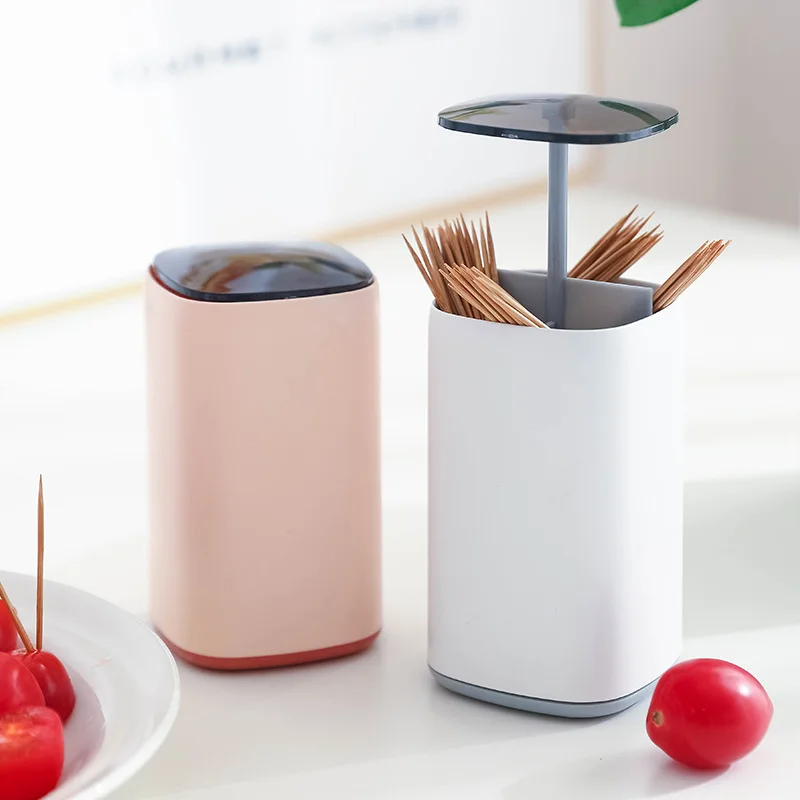 

Push-button Automatic Toothpick Storage Box Home Toothpick Dispenser Four Grids Cotton Swab Organizer Kitchen Plastic Container