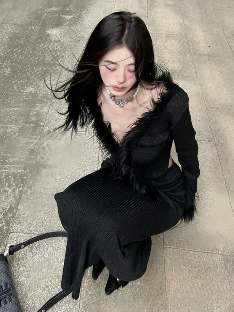 Deeptown Y2K 그런지 블랙 크롭 가디건 여성용, 한국 우아한 모피 니트 스웨터, 럭셔리 V넥 슬림핏 상의, 하라주쿠 빈티지