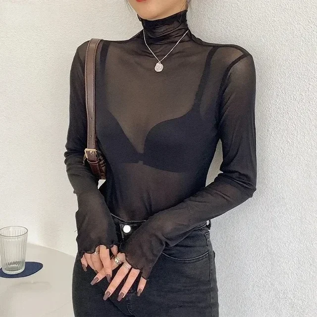 Sexy Women T Shirt See Through Transparent Tops Long Sleeve Ladies T-Shirt Pink Green Basic Top for Female Bottoming Blouses 1
