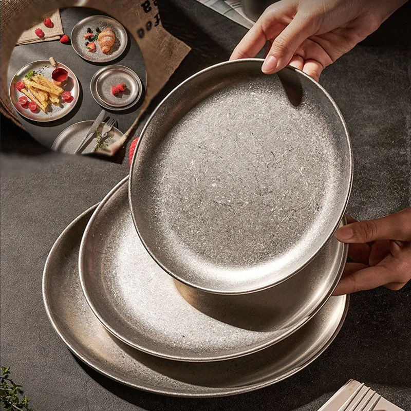304 Stainless Steel Plates Industrial Style Vintage Coffee Trays Creative Steak Pasta Dessert Plates Flat Bottom Retro Tableware 304 Stainless Steel Plates Industrial Style Vintage Coffee Trays Creative Steak Pasta Dessert Plates Flat Bottom Retro Tableware
