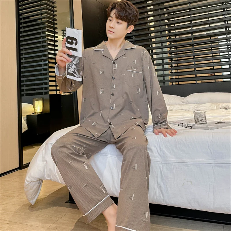 Spring Autumn Men's Thin Printed Pajamas Lapel Long Sleeve Cardigan Pants Two Piece Set Oversized Casual Home Clothing
