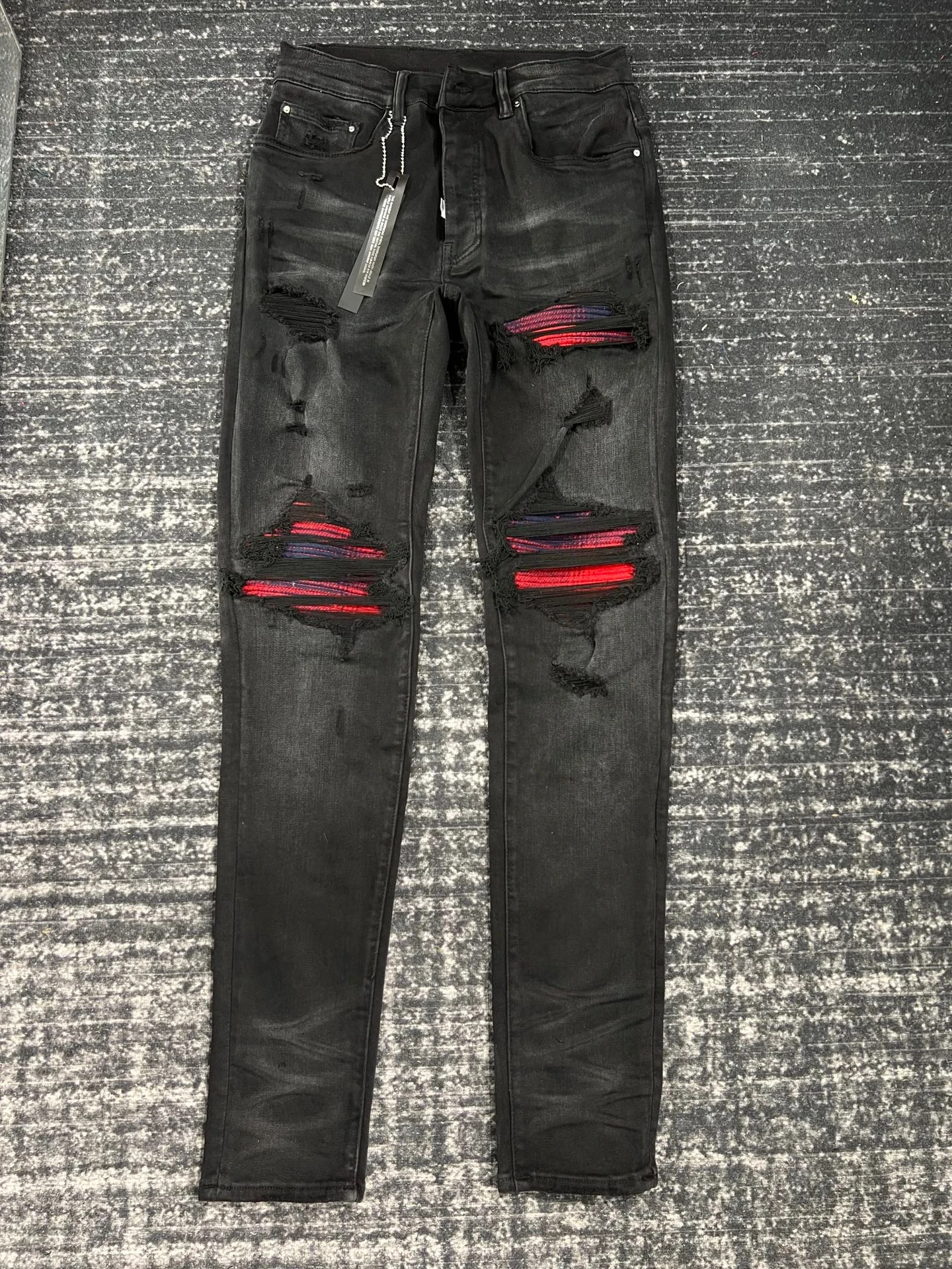 

Top Quality High Street Patchwork Red Black Leather Patch Ripped Stretch Slim Fit Small Feet Buttons Fly Jeans Men's Denim Pants