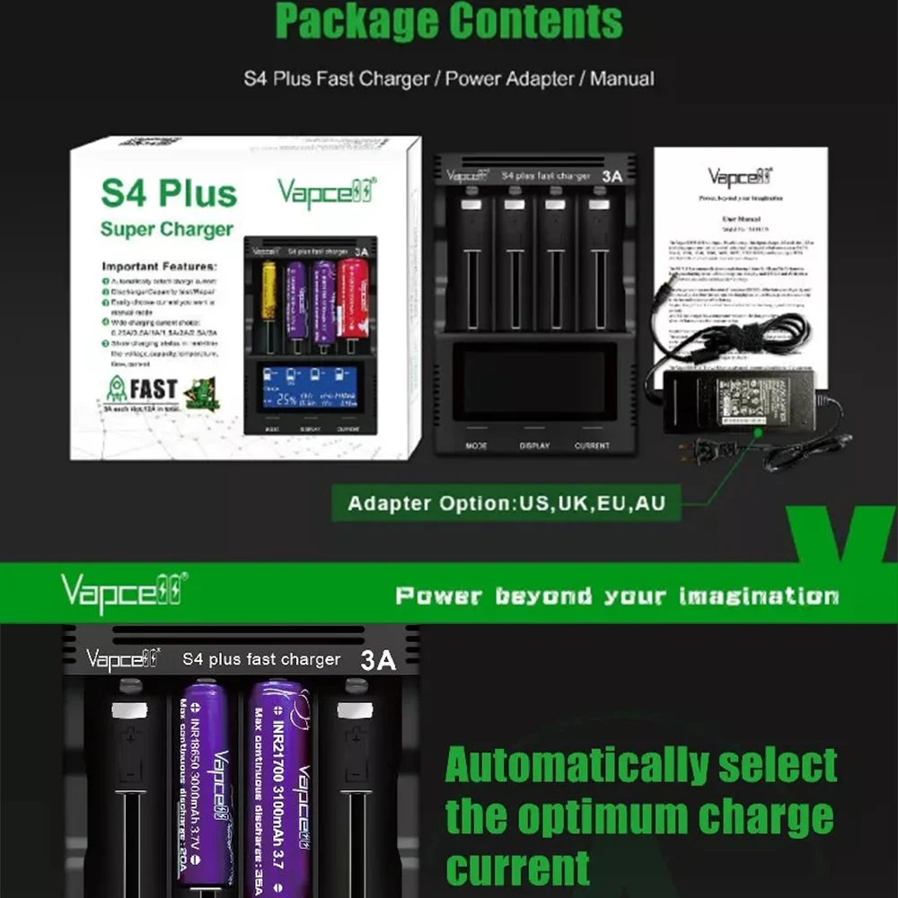 Vapcell S4+ 3.0 Version Smart Chargers with 4 Slots Max 3A Per Slot Battery Charger for 10440 14500 16340 18650 21700 26650 battery charger