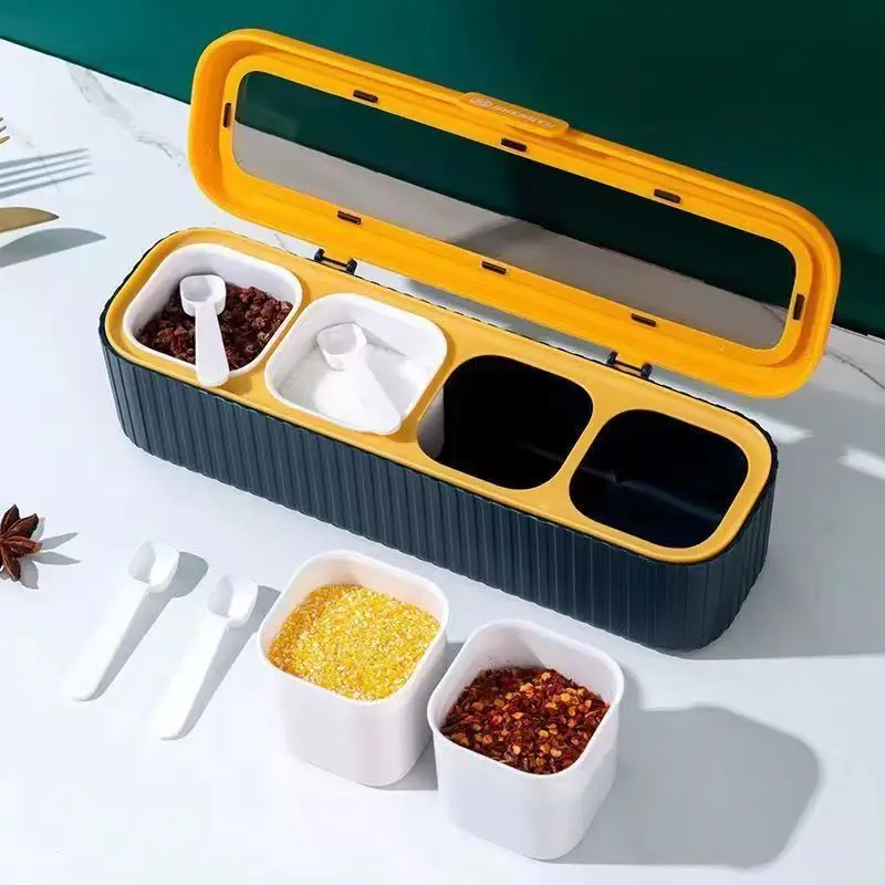 Seasoning Box Set  Divided Compartments for MSG and Spices High Aesthetic Storage Container with Spoon 4Grid Seasoning Box