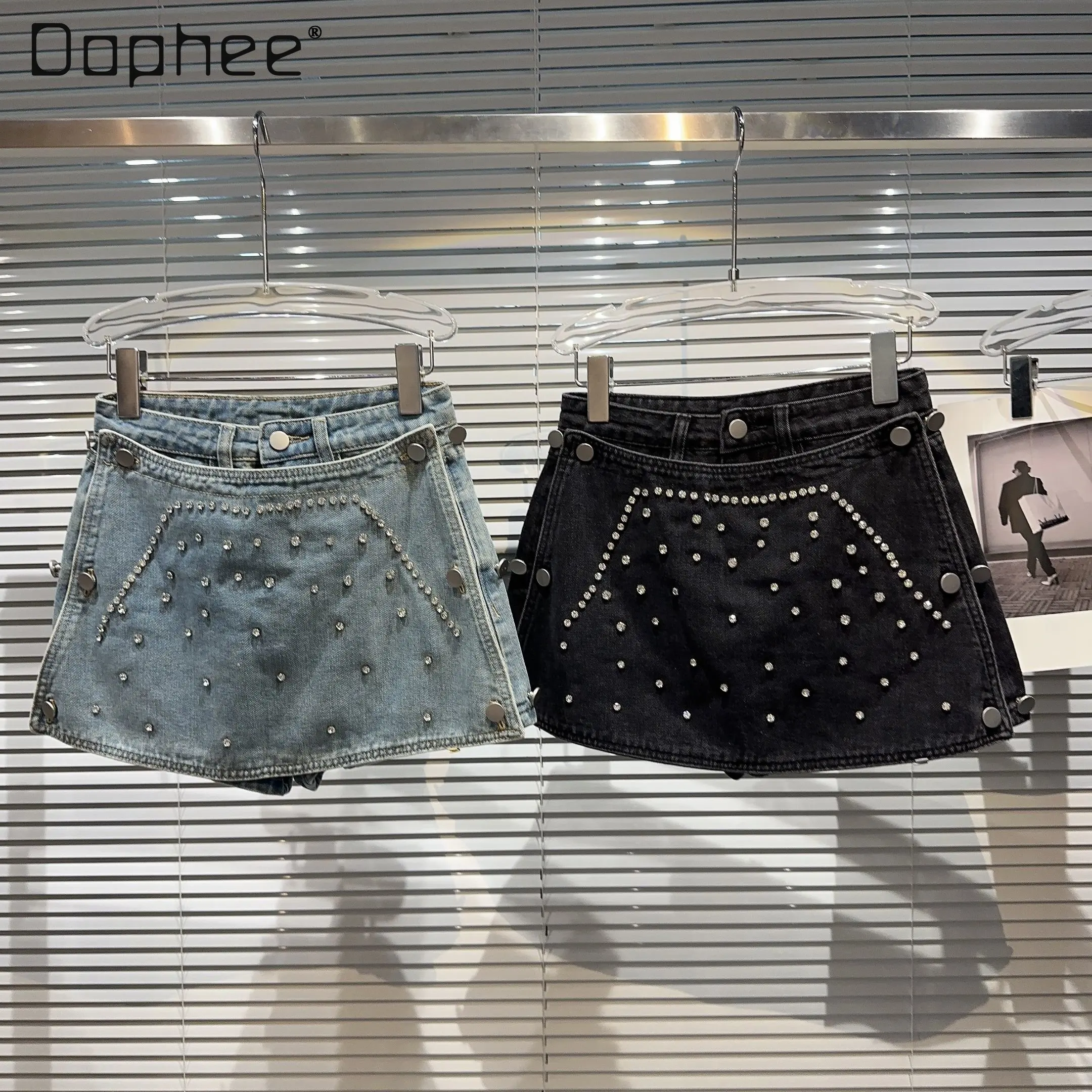 

Streetwear Woman Rhinestone Beaded Denim Short Culotte Trendy 2023 Summer New Hot Girl Fake Two Pieces Jean Detachable Skirts