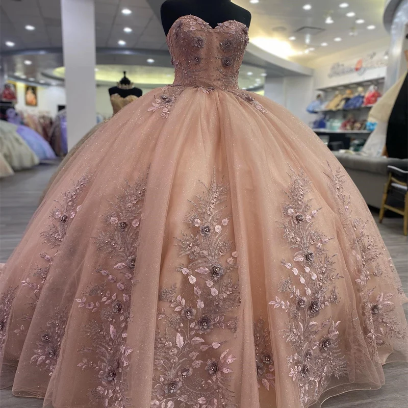 

Champagne Shiny Off Shoulder Lace Applique Flower Quinceanera Dresses Ball Gown Tulle Pageant Prom Wedding Dresses Sweet 15 16